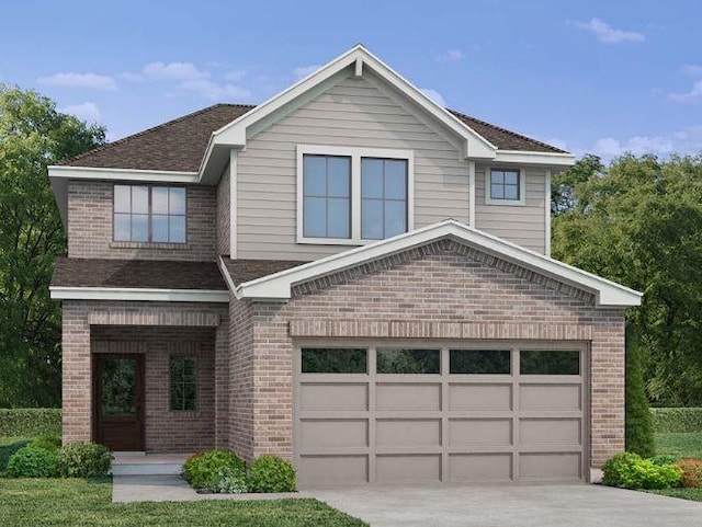 view of front of home featuring a garage, brick siding, driveway, and a shingled roof