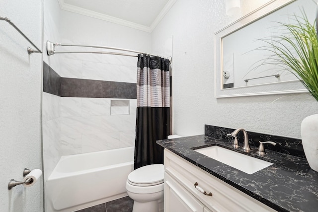 bathroom featuring a textured wall, toilet, ornamental molding, shower / bathtub combination with curtain, and vanity