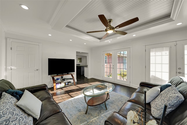 1931 Ansbury Dr, Houston, TX 77018 - living area featuring a tray ceiling, french doors, crown molding, and recessed lighting