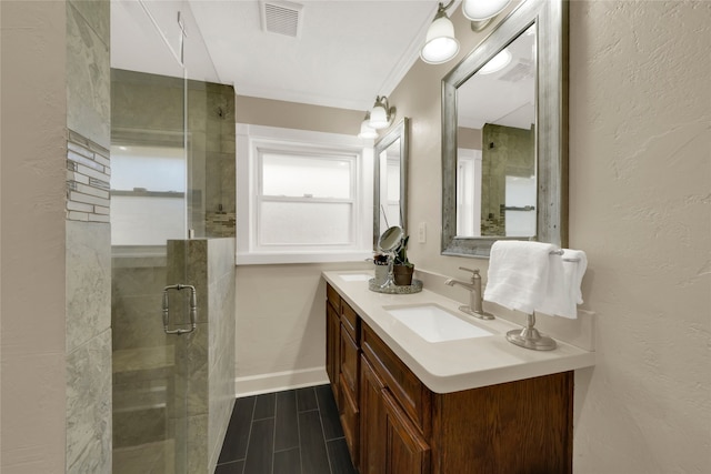 1931 Ansbury Dr, Houston, TX 77018 - bathroom with double vanity, a stall shower, visible vents, wood tiled floor, and a sink