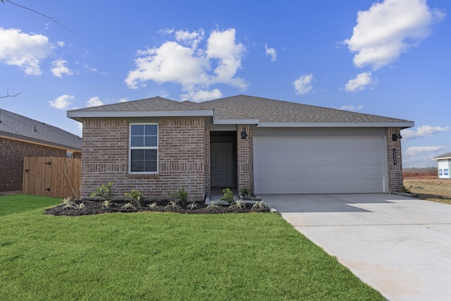 ranch-style house with an attached garage, brick siding, a shingled roof, concrete driveway, and a front yard