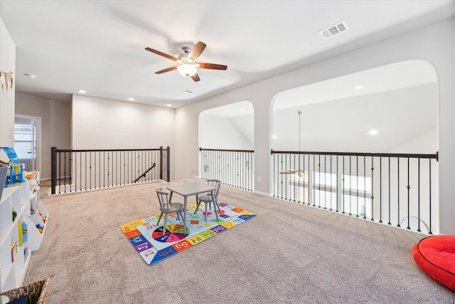 rec room with ceiling fan, carpet floors, visible vents, and recessed lighting