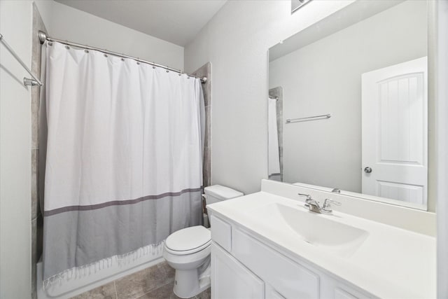 bathroom featuring tile patterned floors, vanity, toilet, and a shower with curtain