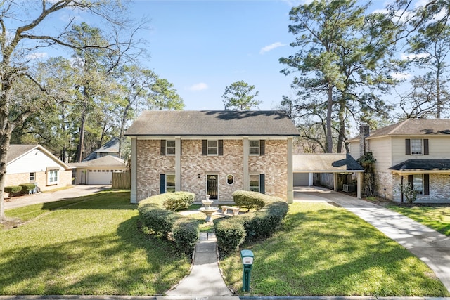 view of front of property featuring brick siding, a front lawn, and central air condition unit