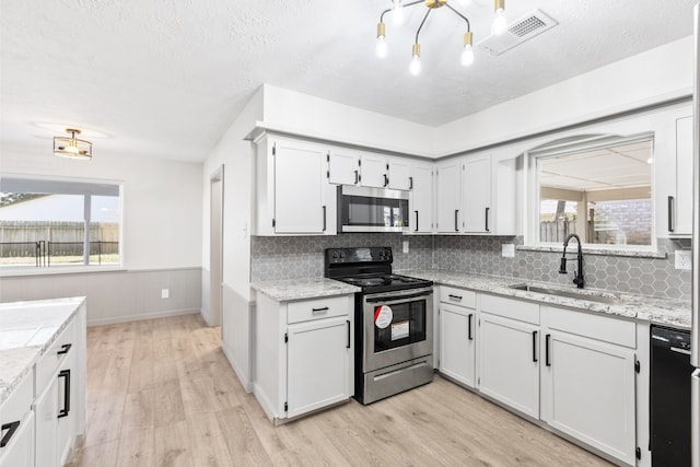 kitchen featuring a wainscoted wall, appliances with stainless steel finishes, a wealth of natural light, and a sink