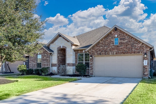 view of front of property with brick siding, driveway, an attached garage, and a front lawn