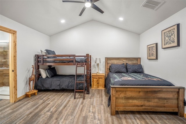 bedroom featuring lofted ceiling, recessed lighting, visible vents, a ceiling fan, and wood finished floors