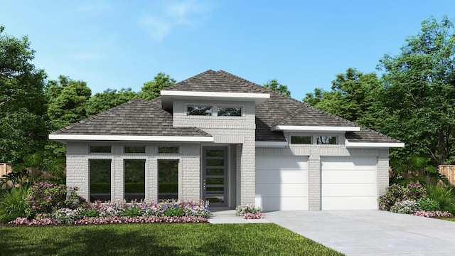 view of front of home with a garage, concrete driveway, brick siding, and a front yard