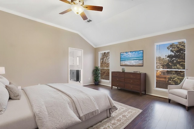 bedroom with dark wood-style floors, lofted ceiling, visible vents, and crown molding