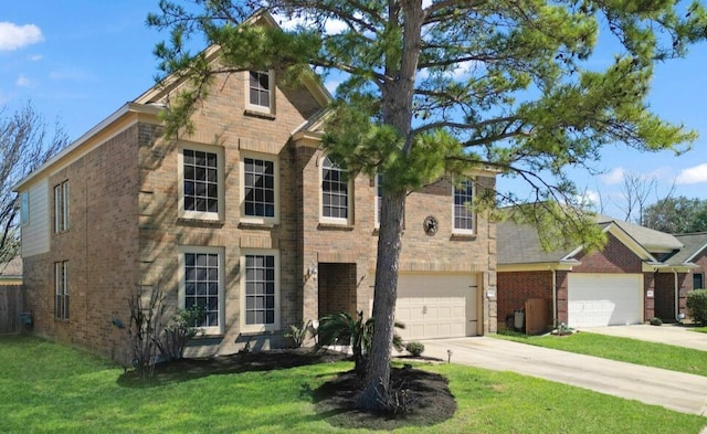 traditional-style home featuring central AC unit, a garage, brick siding, driveway, and a front lawn