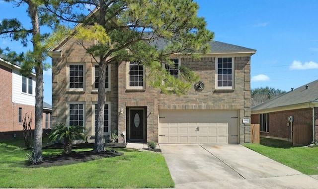 colonial house with a front yard, brick siding, driveway, and an attached garage