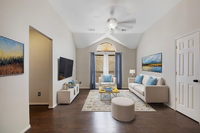 living area featuring lofted ceiling, wood finished floors, visible vents, and a ceiling fan