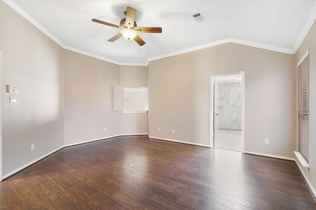 empty room with vaulted ceiling, ceiling fan, hardwood / wood-style flooring, and crown molding