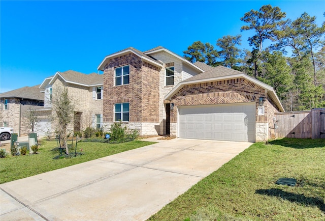 view of front of property with an attached garage, brick siding, stone siding, concrete driveway, and a front yard