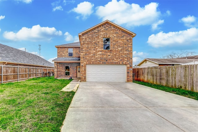 traditional-style house with driveway, brick siding, a front yard, and fence