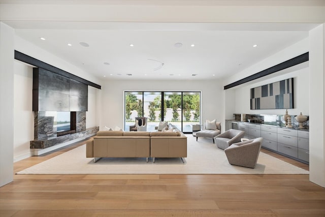 living area with light wood finished floors, a high end fireplace, and recessed lighting