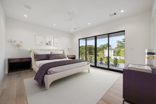 bedroom featuring recessed lighting, visible vents, light wood-style flooring, a ceiling fan, and access to outside