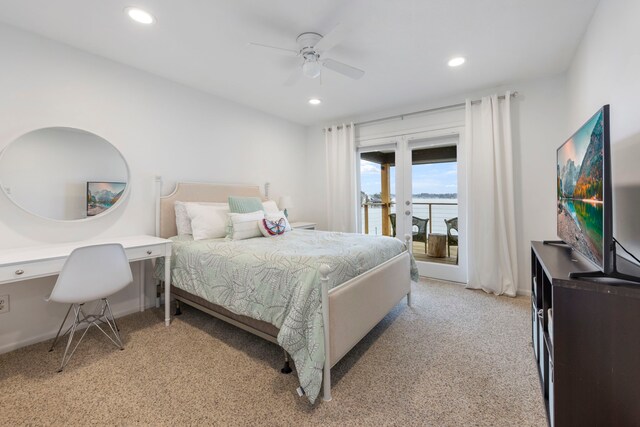 53 La Costa Dr, Montgomery, TX 77356 - bedroom with recessed lighting, light carpet, a ceiling fan, baseboards, and access to outside