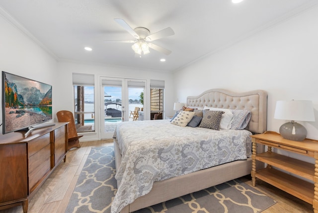 53 La Costa Dr, Montgomery, TX 77356 - bedroom with ornamental molding, access to outside, light wood-style floors, and recessed lighting