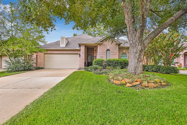 view of front of house featuring driveway, brick siding, a garage, and a front yard