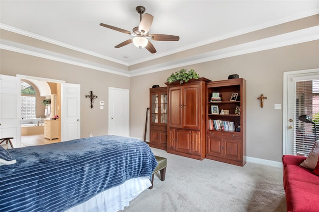 bedroom with light carpet, multiple windows, baseboards, and crown molding