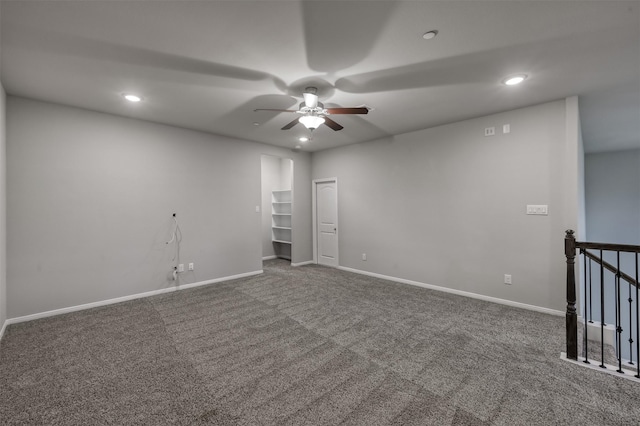 carpeted empty room featuring baseboards, a ceiling fan, and recessed lighting