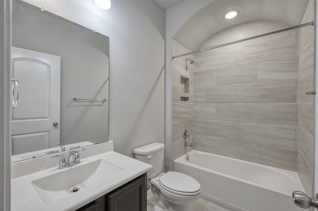 full bath with shower / bathing tub combination, vanity, and toilet