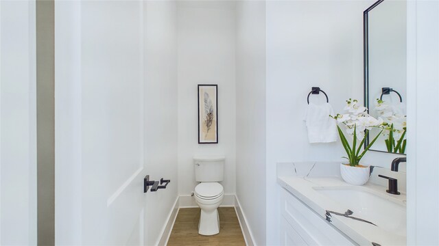 bathroom featuring toilet, baseboards, wood finished floors, and vanity