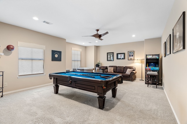 rec room featuring pool table, carpet flooring, baseboards, and recessed lighting