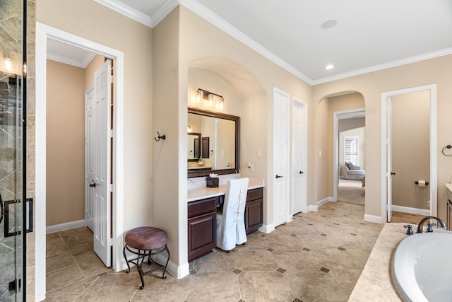 full bath featuring crown molding, a stall shower, vanity, baseboards, and a bath