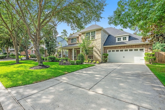 view of front of property with a shingled roof, concrete driveway, a garage, stone siding, and a front lawn