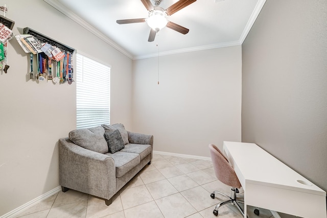 office featuring light tile patterned floors, baseboards, ornamental molding, and a ceiling fan