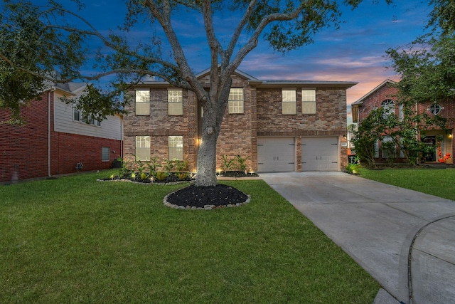 traditional home featuring a front yard, brick siding, and driveway