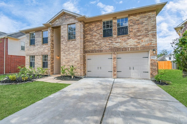 view of front of property with a garage, brick siding, fence, driveway, and a front lawn