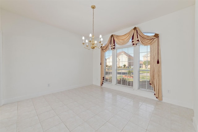 unfurnished room featuring baseboards, light tile patterned flooring, and a notable chandelier