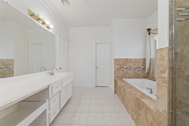 full bath with a garden tub, crown molding, visible vents, vanity, and tile patterned floors