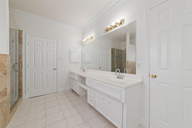 bathroom featuring a sink, ornamental molding, tile patterned floors, double vanity, and a stall shower