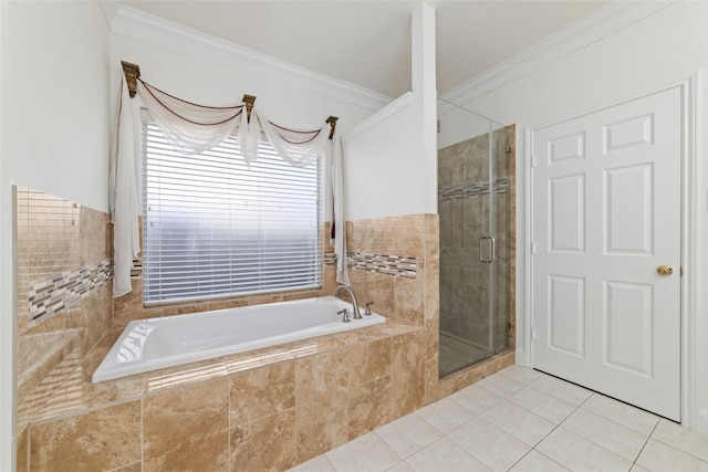 bathroom with a shower stall, a chandelier, a bath, tile patterned floors, and ornamental molding