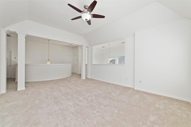 bonus room featuring lofted ceiling, ornate columns, ceiling fan, and carpet floors
