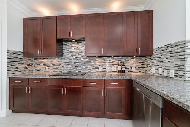 kitchen with black electric stovetop, tasteful backsplash, ornamental molding, light stone countertops, and dishwasher