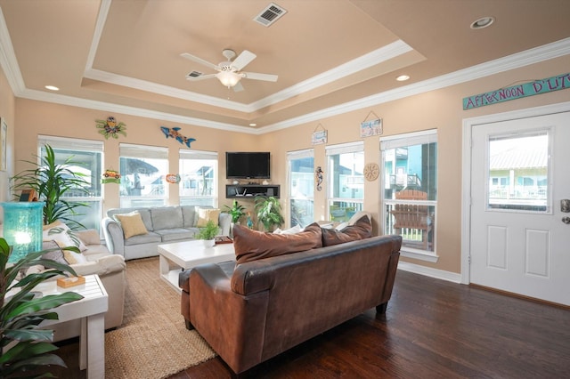 living room with wood finished floors, plenty of natural light, a raised ceiling, and visible vents