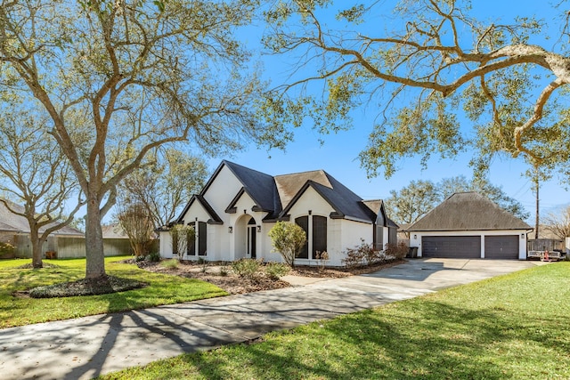 view of front of house featuring an outbuilding, a detached garage, and a front lawn