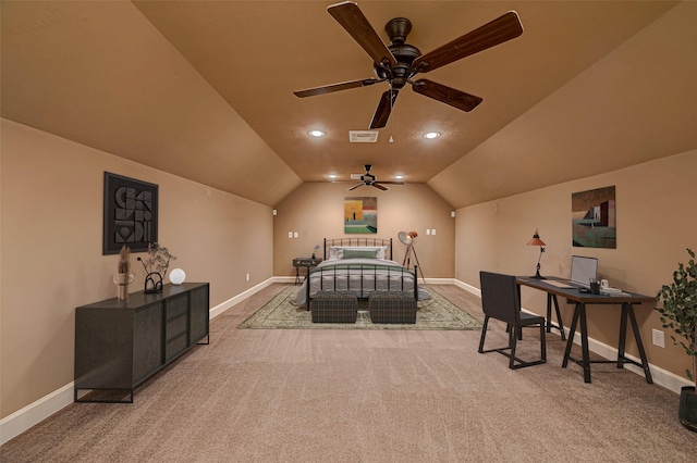 carpeted bedroom with vaulted ceiling, recessed lighting, visible vents, and baseboards
