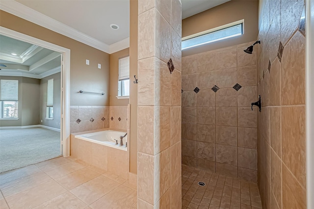 full bath with baseboards, ornamental molding, tiled shower, a bath, and tile patterned floors