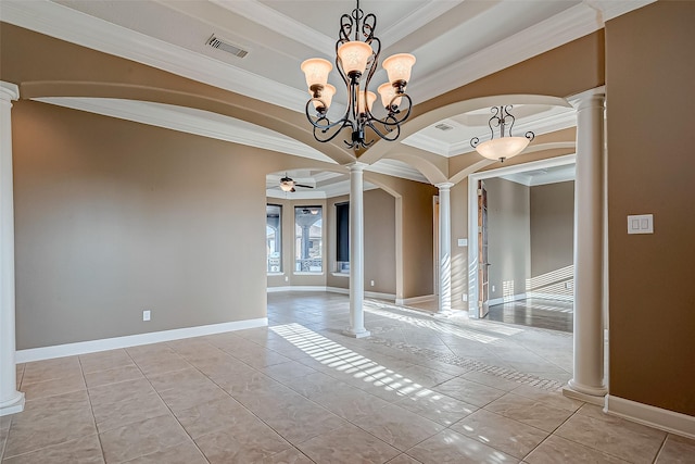 empty room with decorative columns, visible vents, arched walkways, and ceiling fan with notable chandelier