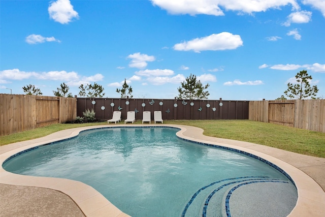 view of pool featuring a fenced in pool, a fenced backyard, and a yard