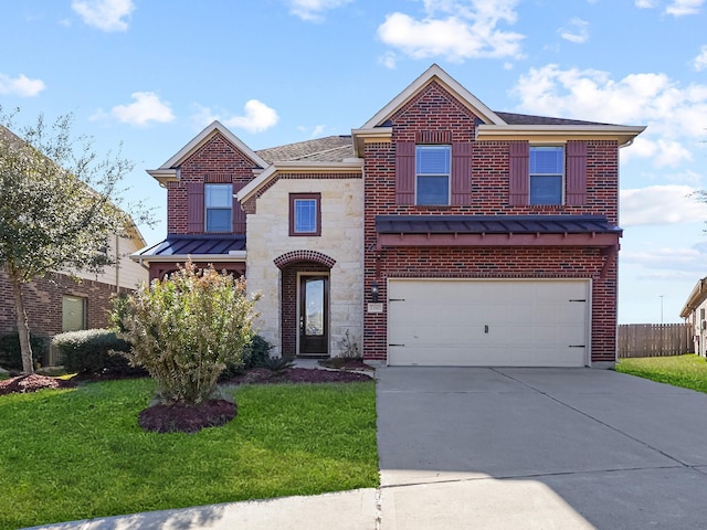 traditional-style home with driveway, brick siding, a standing seam roof, and a front yard