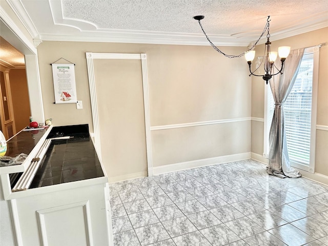 unfurnished dining area with a notable chandelier, crown molding, and a textured ceiling