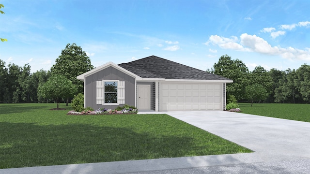 ranch-style house featuring driveway, a shingled roof, an attached garage, a front lawn, and board and batten siding