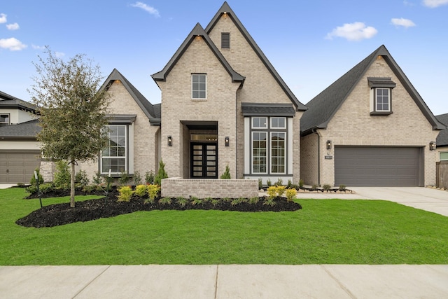 french country style house with a front yard, an attached garage, brick siding, and driveway